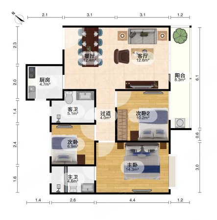 大华锦绣前城3室2厅2卫96.46㎡南北190万