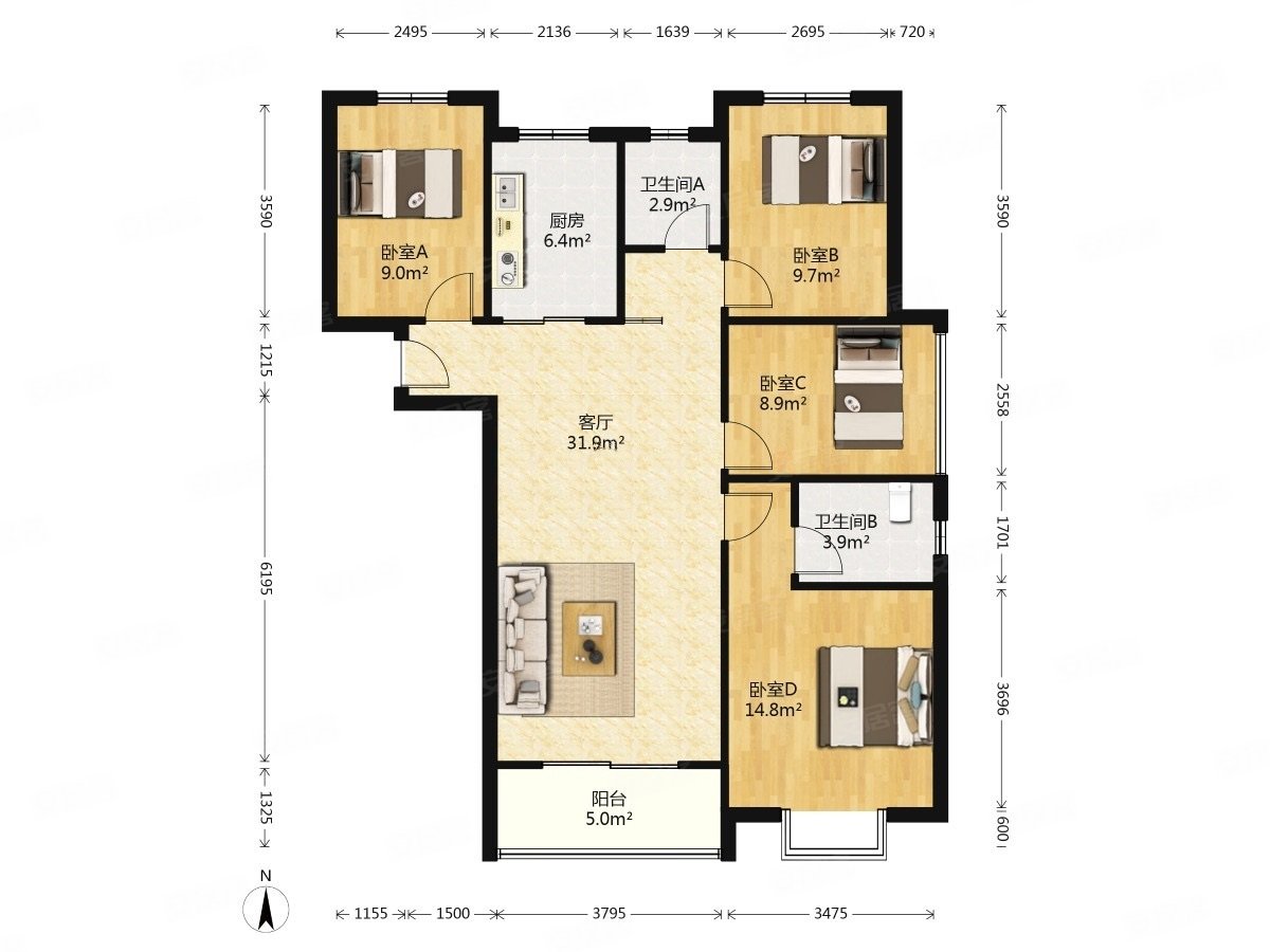 海亮三期西门口带车位有钥匙精装西边套四房近地铁站