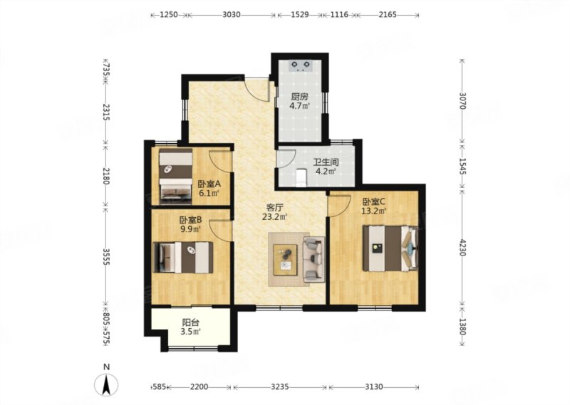 花港幸福城金桂园 3室1厅 南
