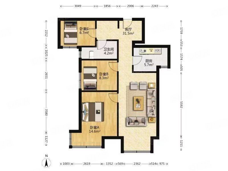 万科城3室2厅1卫96㎡南168万