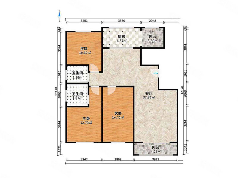 泽天下心泽园3室2厅1卫127.49㎡南305万