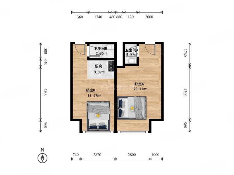 工体3号2室0厅2卫70.81㎡南480万