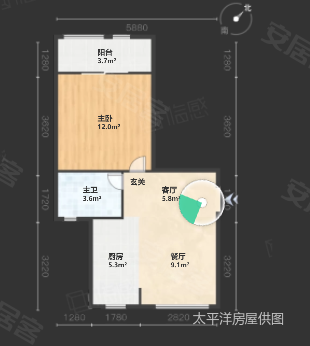 塘和家园君康苑1室2厅1卫53.56㎡南北155万