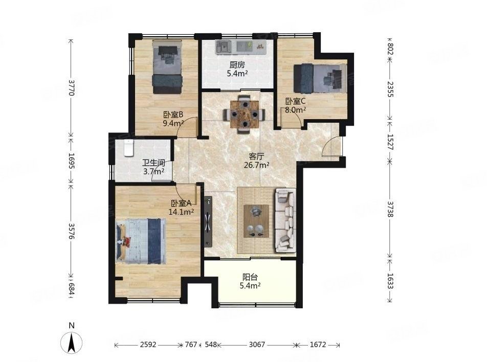 朗诗青春街区3室2厅1卫85.09㎡南113万