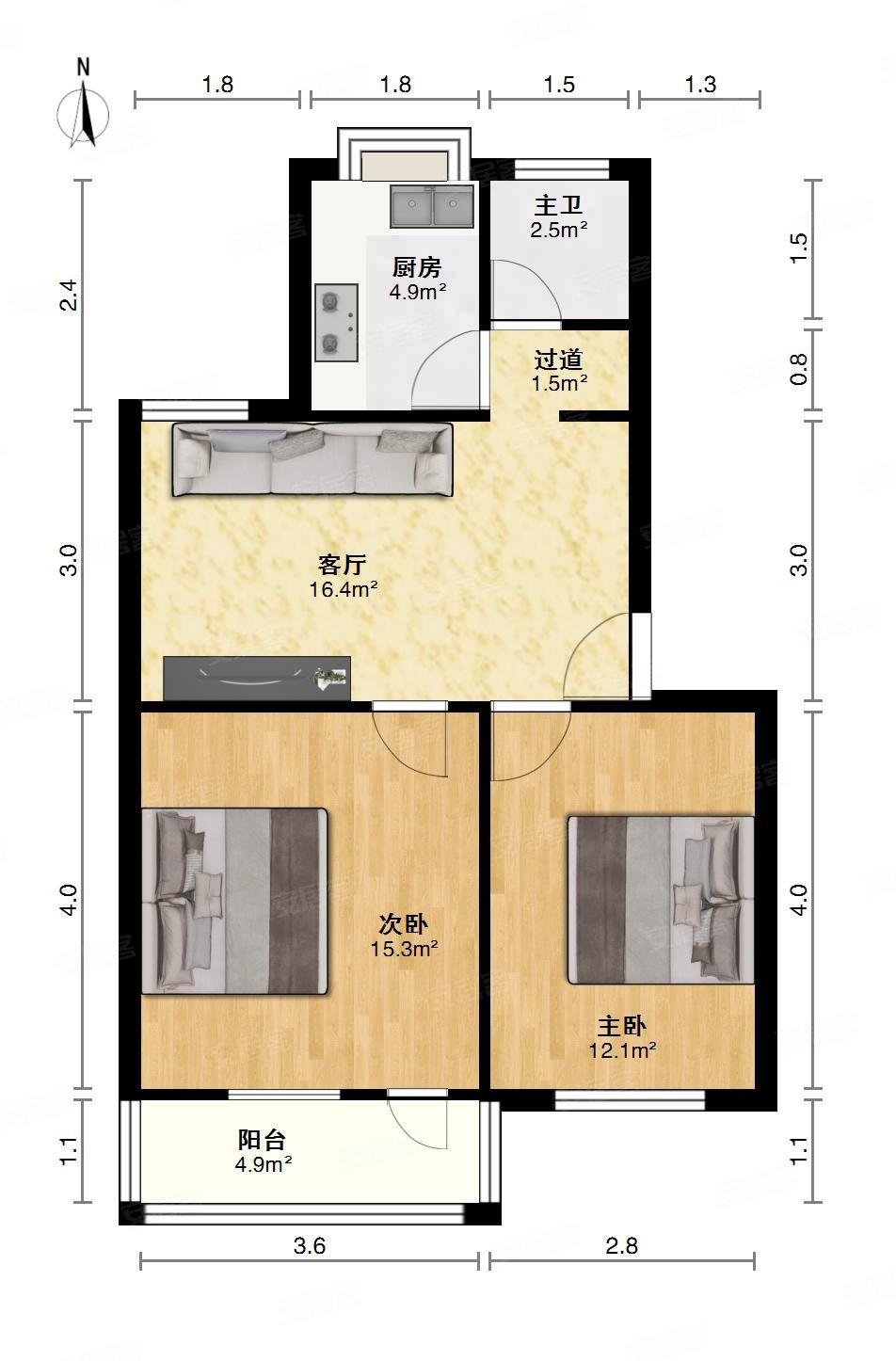 南航宿舍2室2厅1卫72㎡南北39万