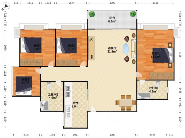 远洋新天地(二期)4室2厅2卫109.49㎡南北0万