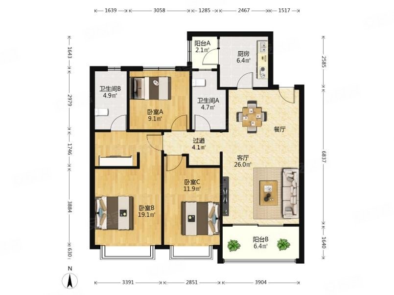 46平,恒大御峰二手房,170万,3室2厅,2卫,134.6平米-济南安居客