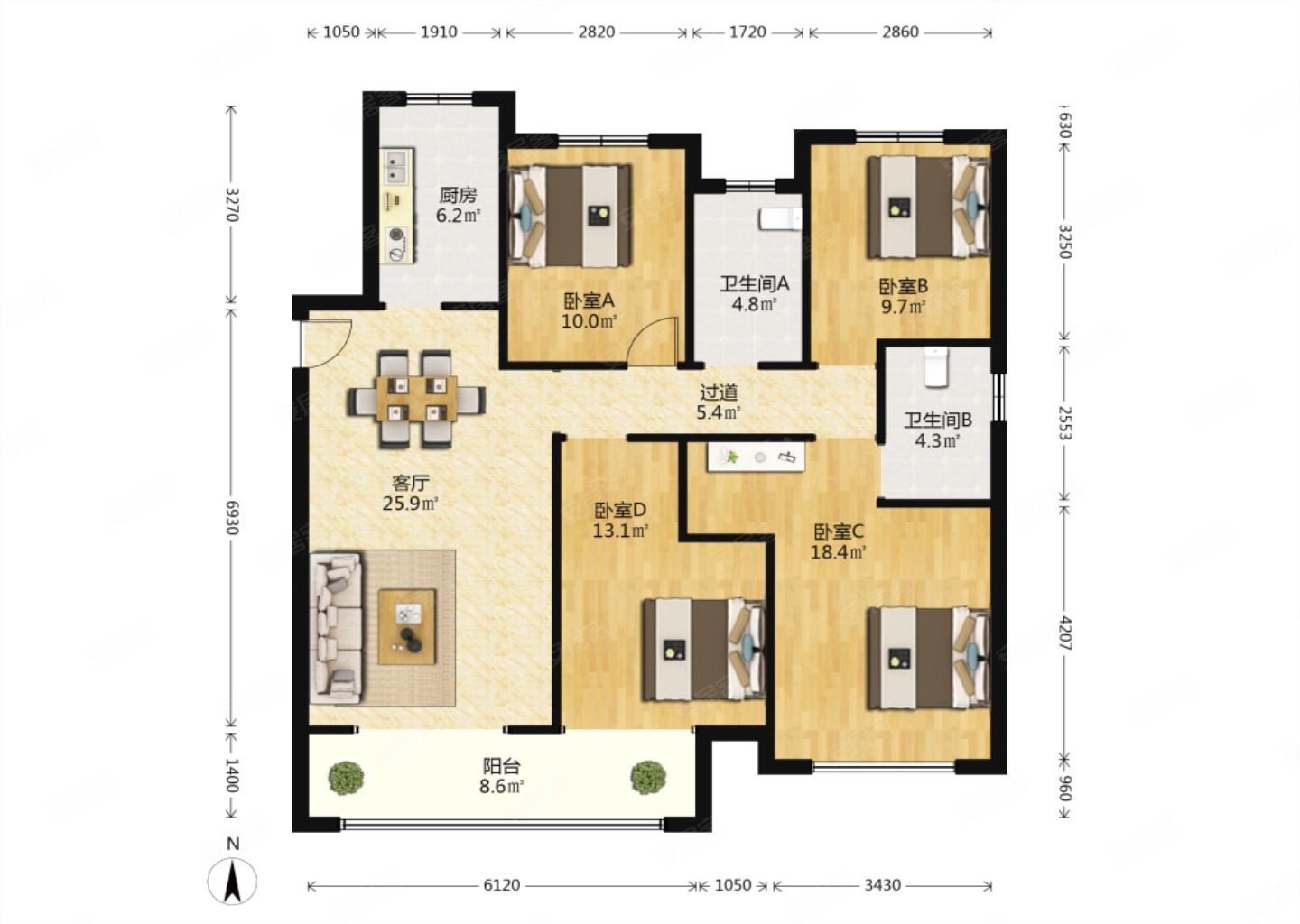 上城国际繁华里4室2厅2卫149㎡南北85万