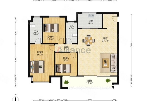 旭辉运河公元(东区)3室2厅2卫135㎡南188万