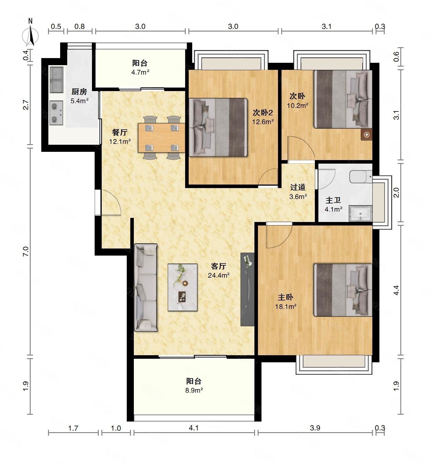 中鼎珑园三房二卫南北通透户型采光充足户型方正出门地铁