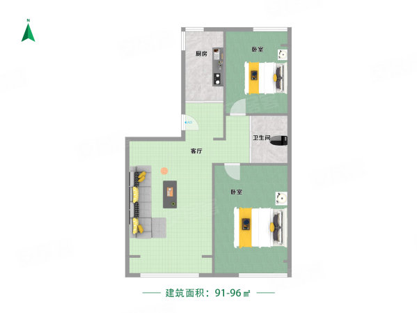 保利心语花园2室1厅1卫91.41㎡南北76万