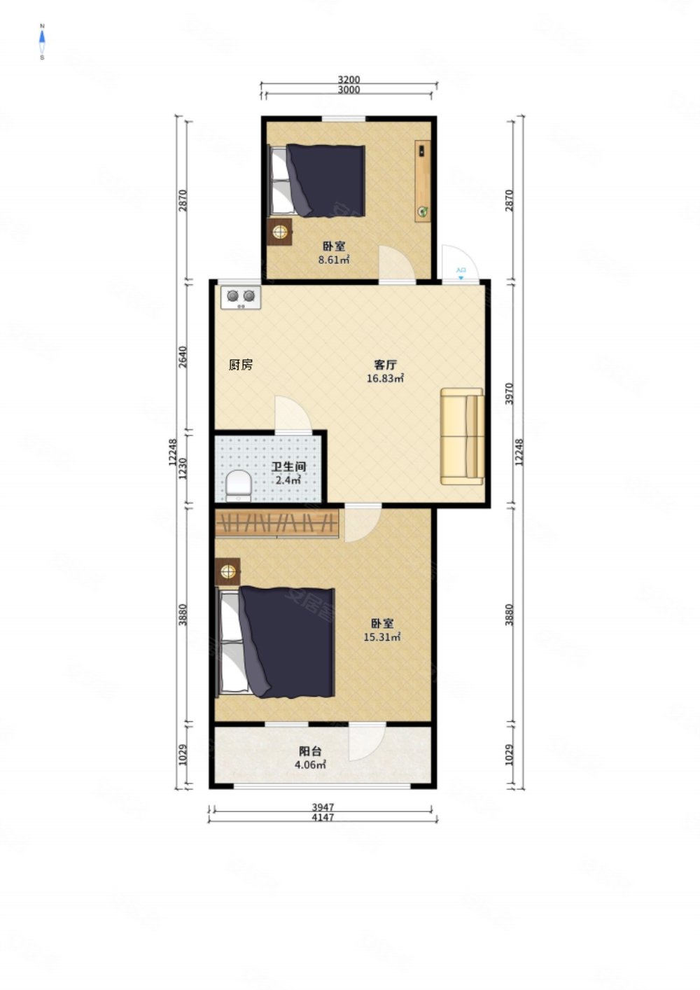 平安里小区2室1厅1卫54.08㎡南北178万