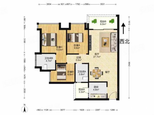 誉峯名门3室2厅2卫98.69㎡西北135万