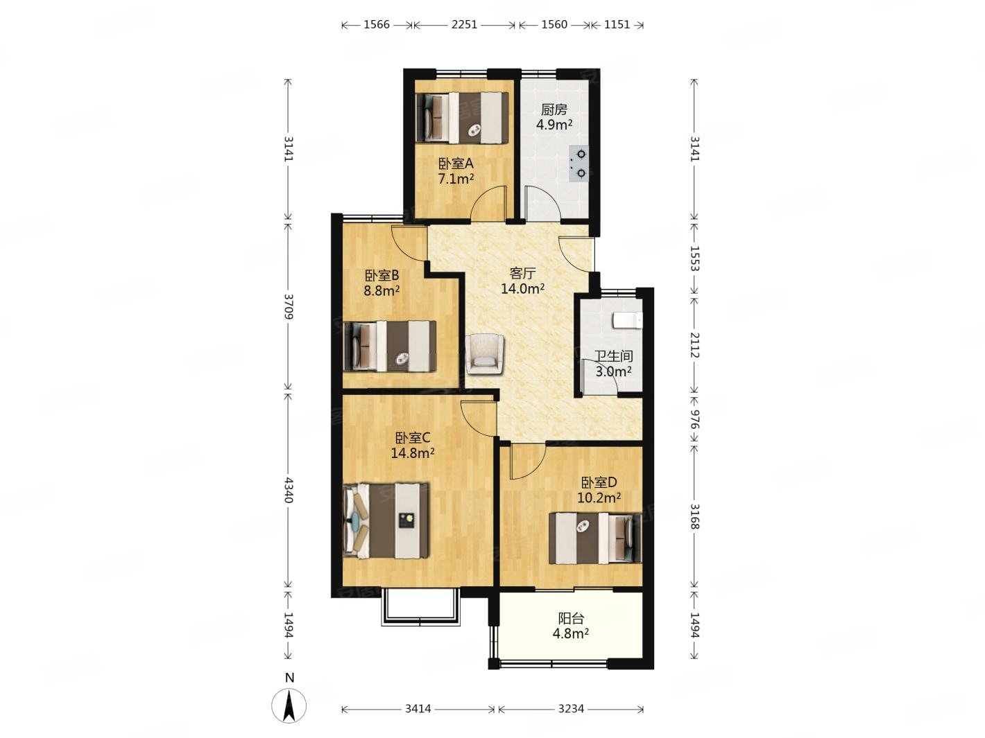 朝南 大两房 临地铁 商品住宅 满五 居住密度低,仙鹤茗苑二手房,205万