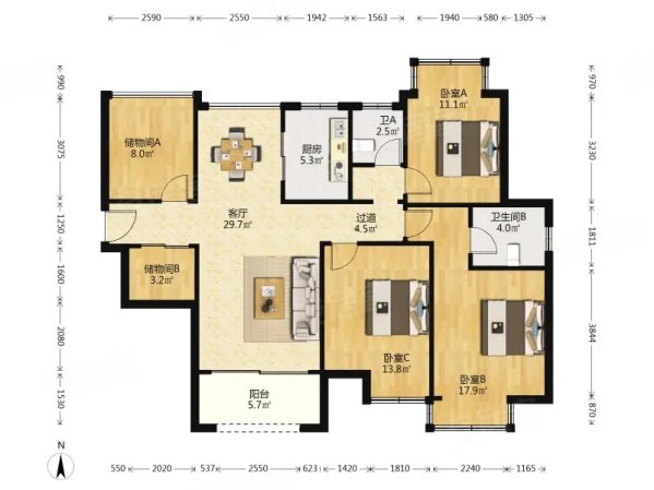 首开玖珑花园4室2厅2卫133.68㎡南北213.5万