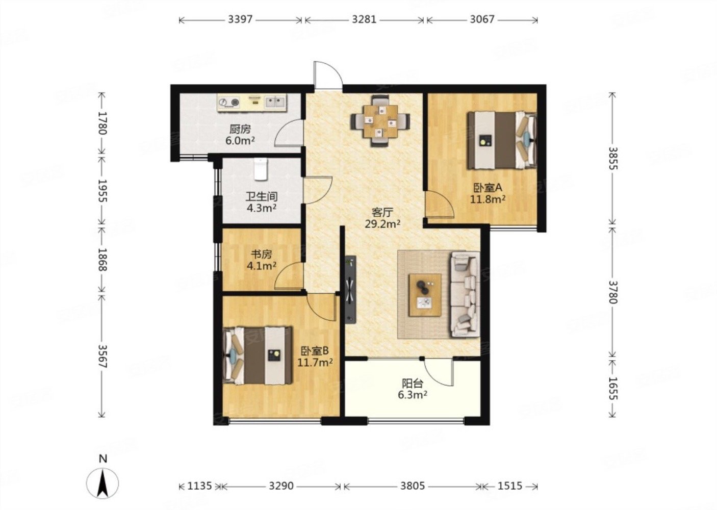 恒宇锦园3室2厅2卫118.1㎡南240万