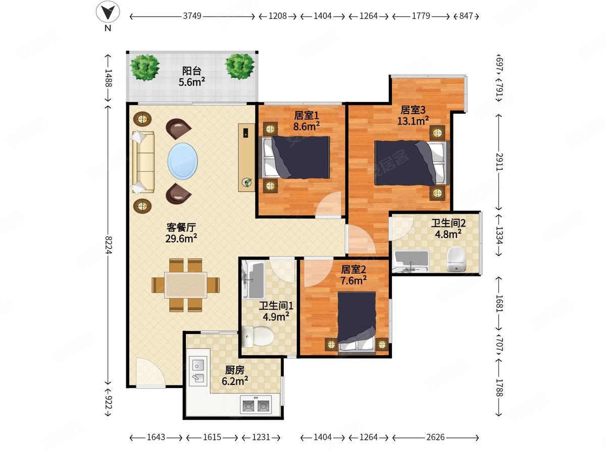 中航天逸3室2厅2卫86.41㎡南北0万