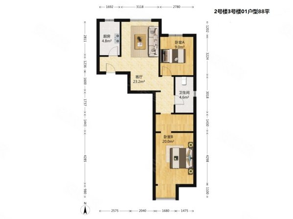 金域华府(一期)2室1厅1卫89.55㎡南北527万