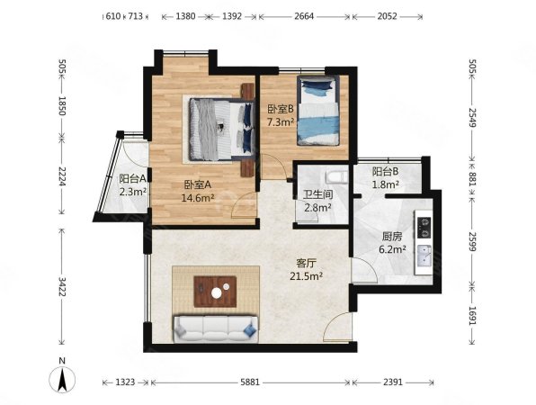 蓝调沙龙2室1厅1卫80.2㎡西北298万