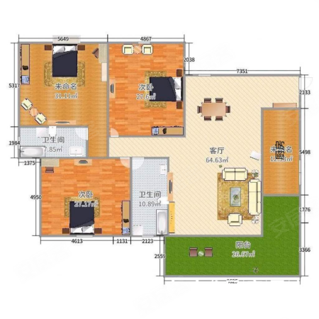 潜江恒大名都3室2厅2卫124㎡南北58万