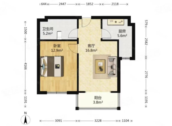 卓越西麓九里西苑1室1厅1卫62.69㎡南北50万