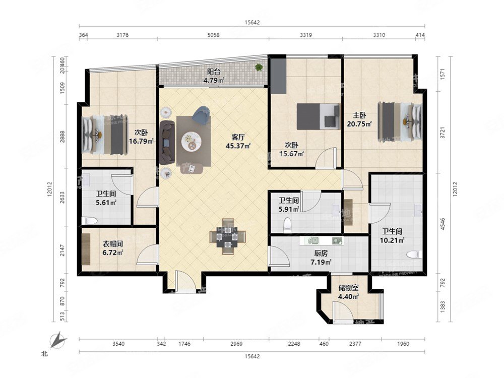 东海国际公寓3室3厅3卫201.43㎡东南1800万