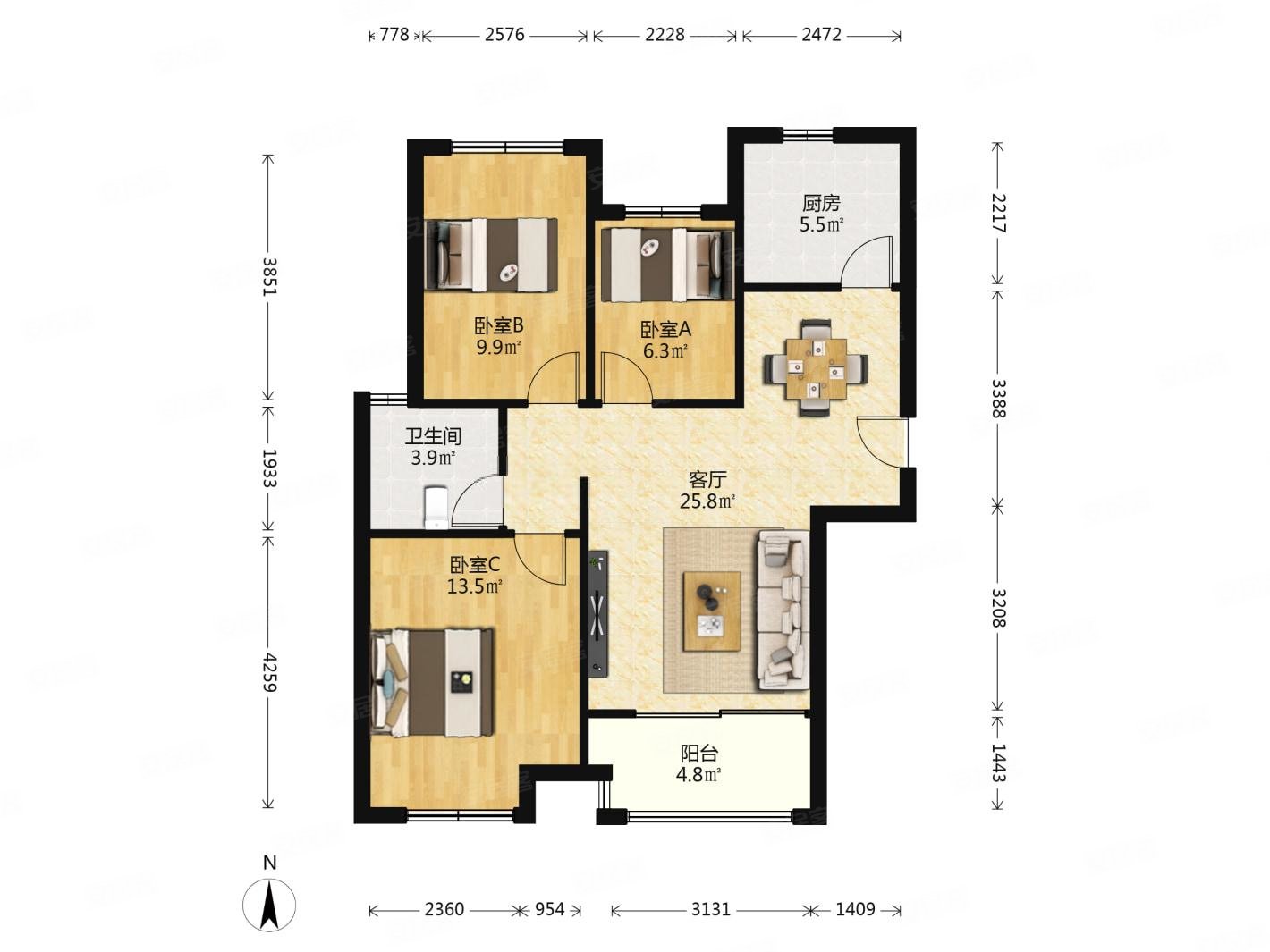 新城香悦半岛3室2厅1卫92㎡南125万