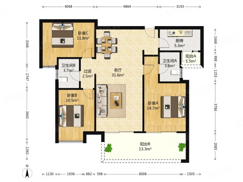 武侯区 西派城a区 120户型 精准套三 朝南 纯中庭