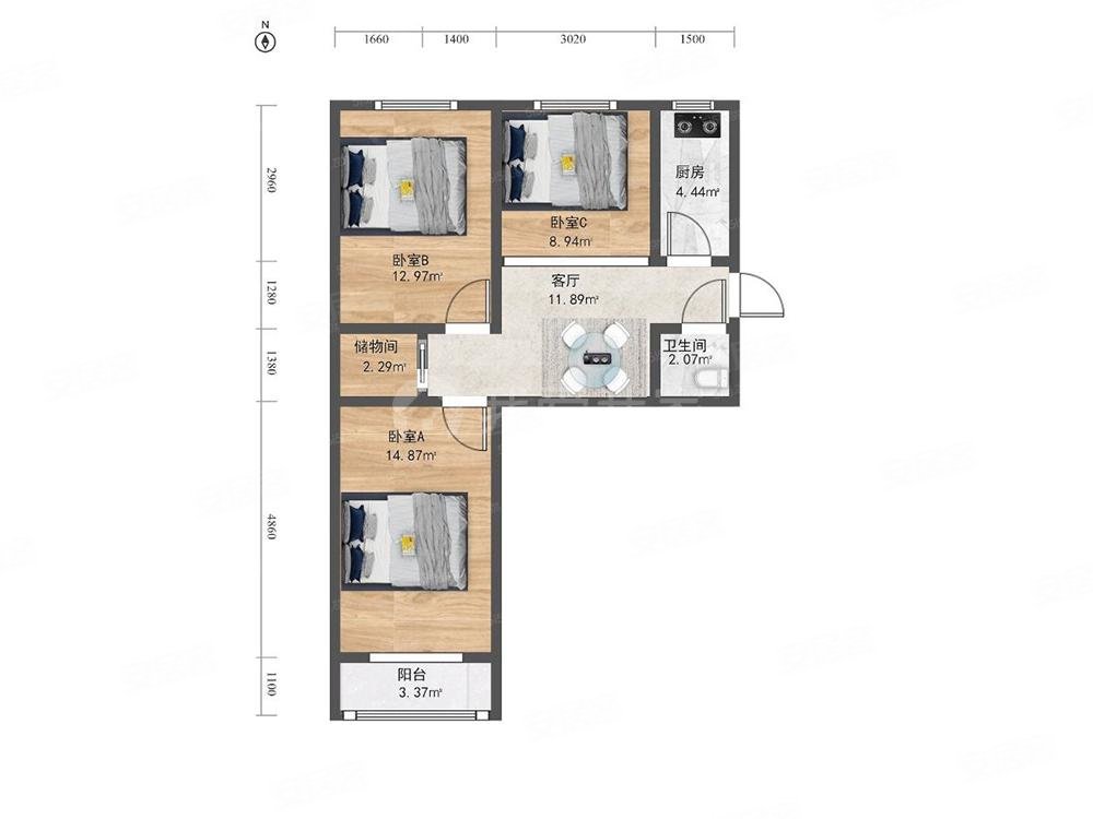 马家堡西里3室1厅1卫77.3㎡南北410万