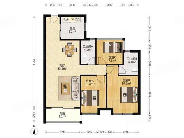 昆山千灯千灯古镇碧桂园世纪城(南区)碧桂园世纪城 115平  大3房2卫