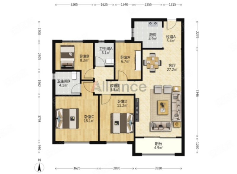 海德郡3号院南苑,4室2厅2卫,南北通透,  楼层电梯房