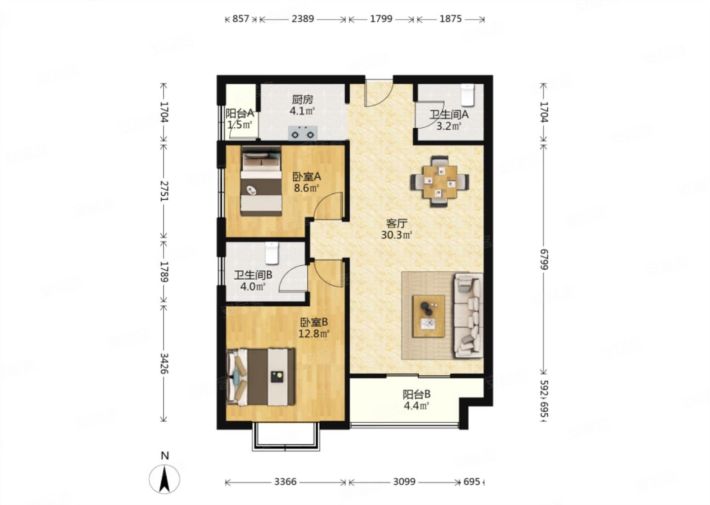 汇通太古城三期(慈云宏景)2室2厅2卫93.12㎡南110万