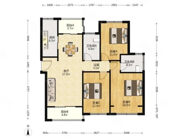 四季和鸣雅园3室2厅2卫127.75㎡南北300万