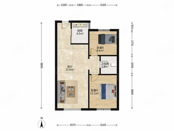 远洋荣域2室2厅1卫89.22㎡南北139.8万