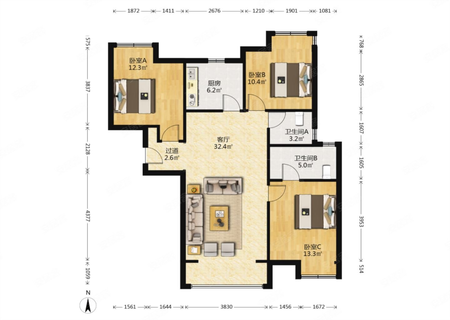 金谷美丽城3室1厅2卫117.79㎡南北160万
