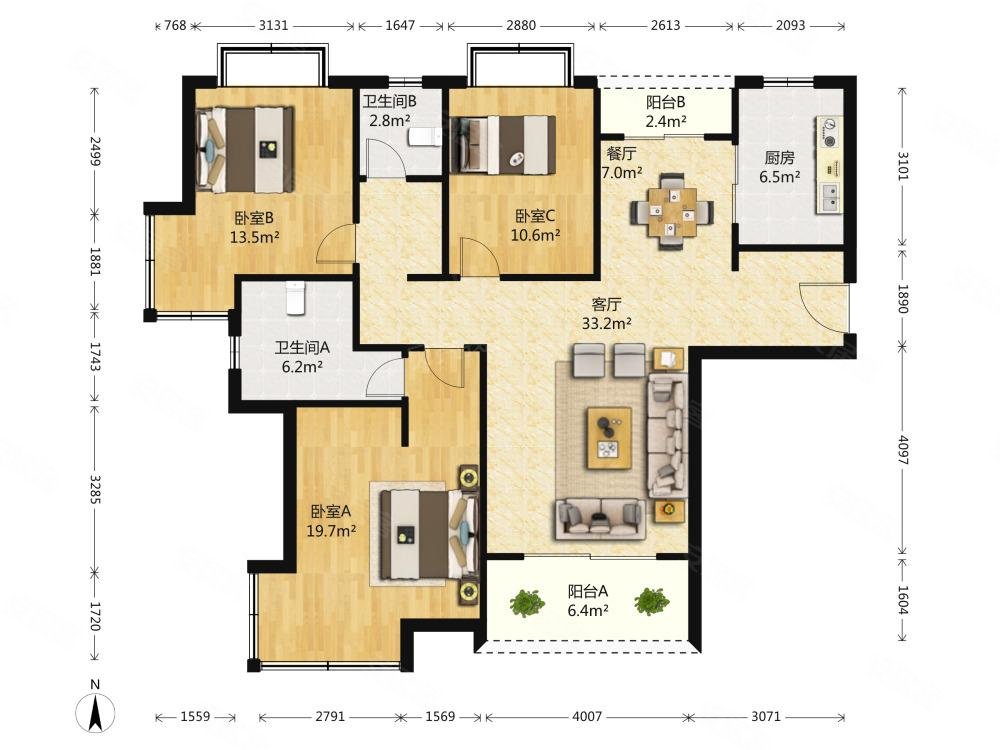 万科新里程3室2厅2卫135.85㎡南北1290万