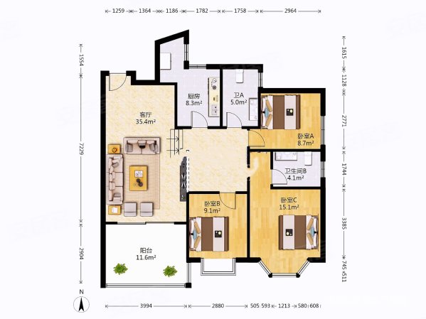 王府花园3室2厅2卫121㎡南北147.8万