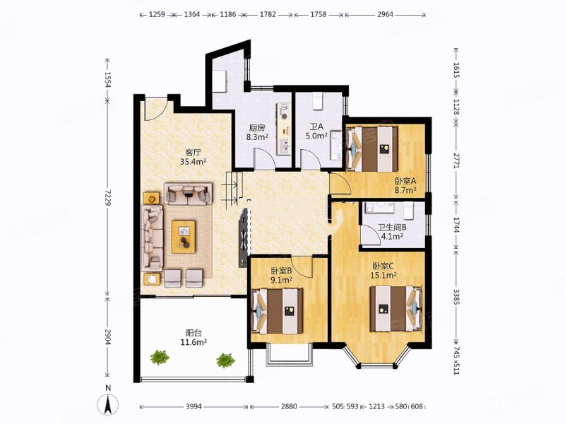 王府花园3室2厅2卫121㎡南北147.8万