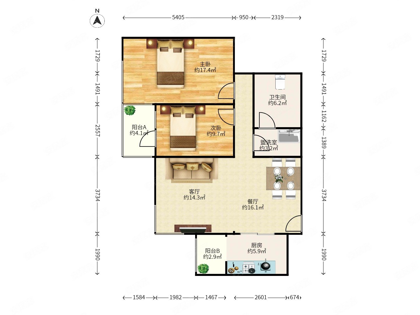 花样年华2室2厅1卫96.65㎡西南310万