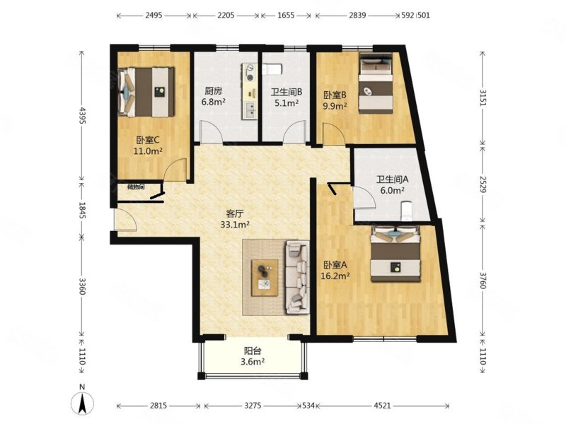 燕郊天洋城2室1厅1卫0厨1阳台