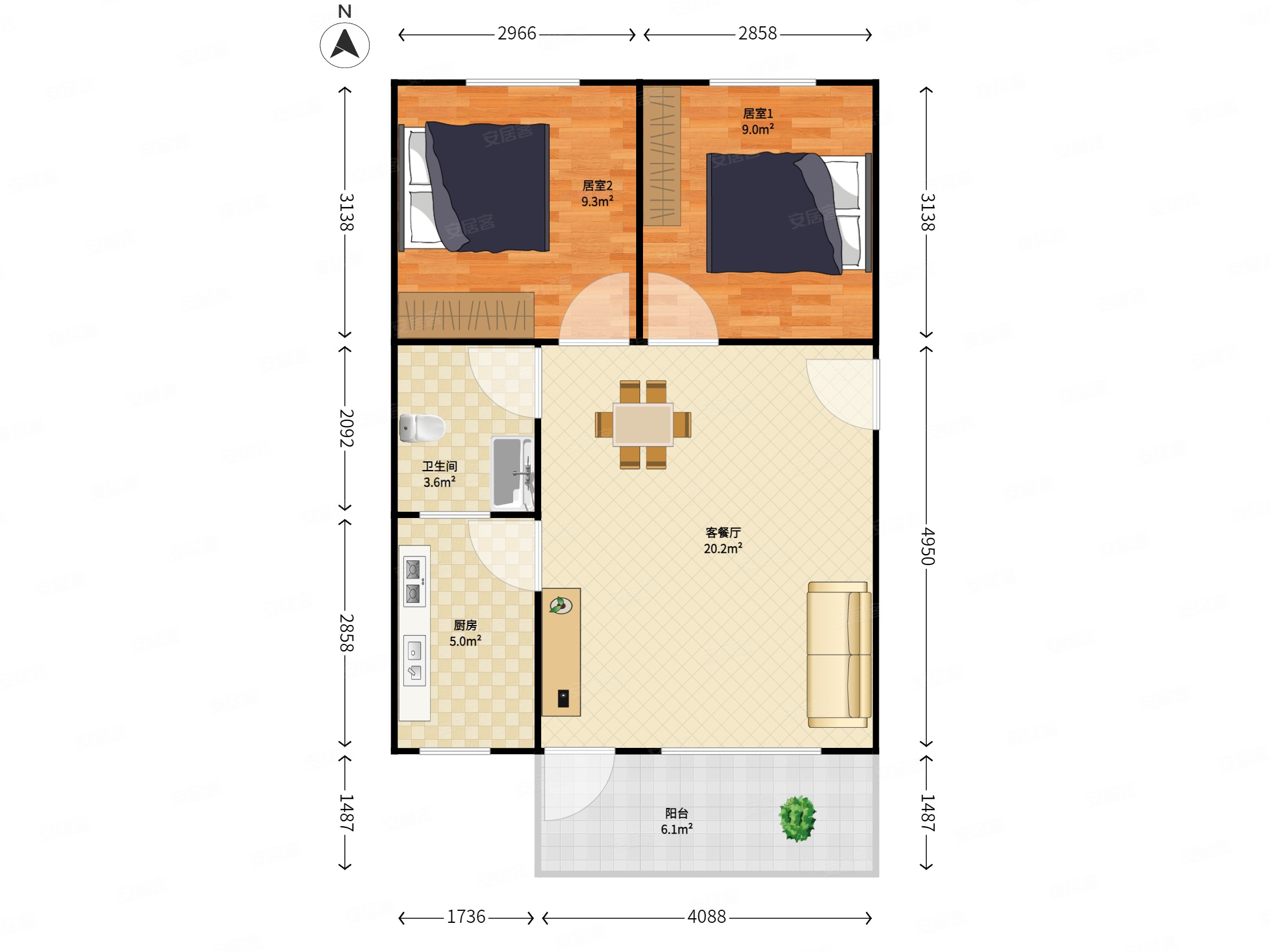 棠德花苑2室2厅1卫62㎡南北200万