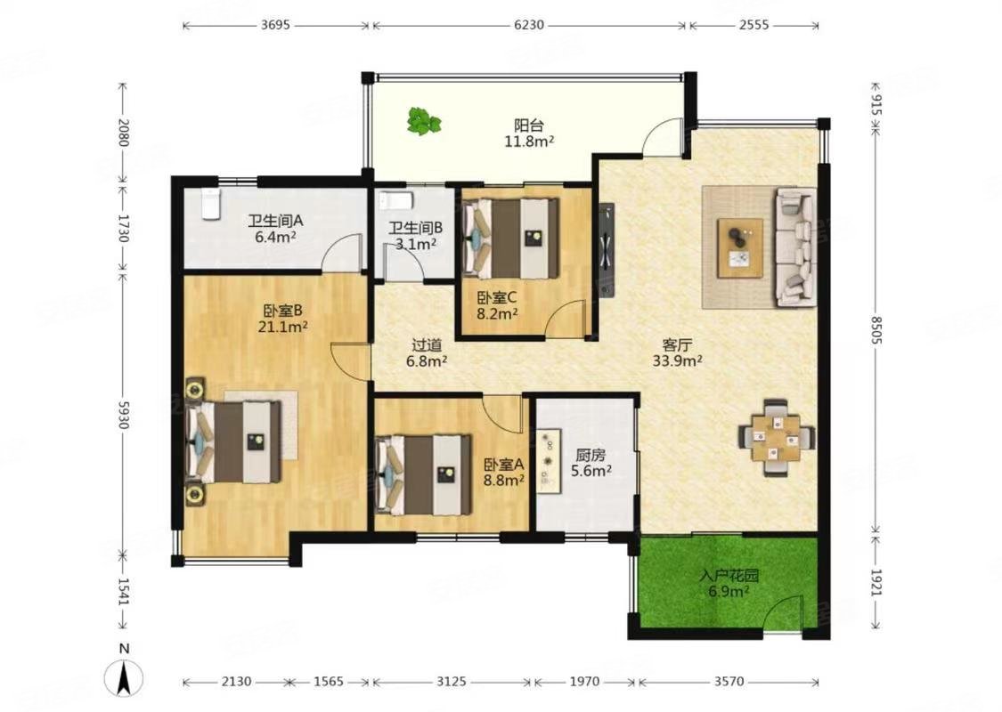 汇东郦城近地铁口苹果园毛坯三房急售7000每平实图户型方正
