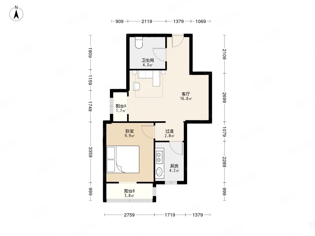 惠民家园(二区)1室1厅1卫57.09㎡南209万