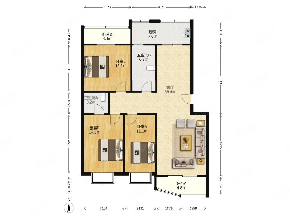 华冠小区3室2厅2卫121㎡南北195万