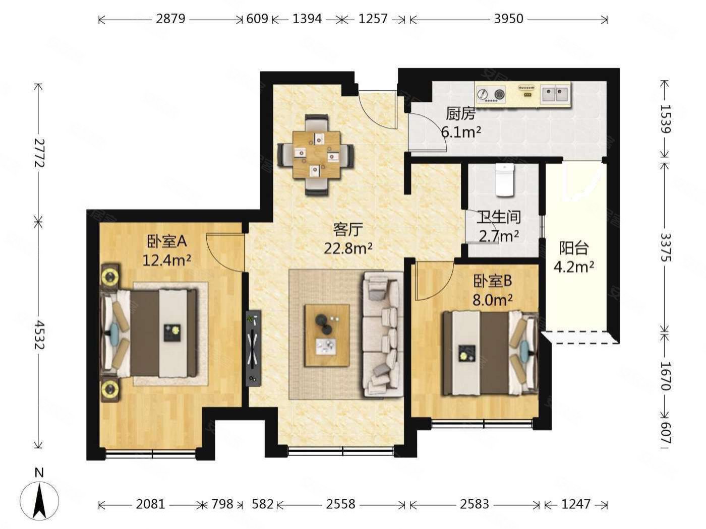 炜岸城2室2厅1卫71.07㎡南北108万