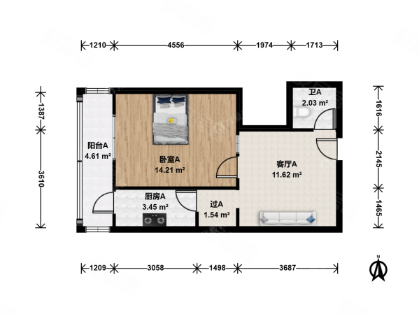 富满里1室1厅1卫46.32㎡西97万