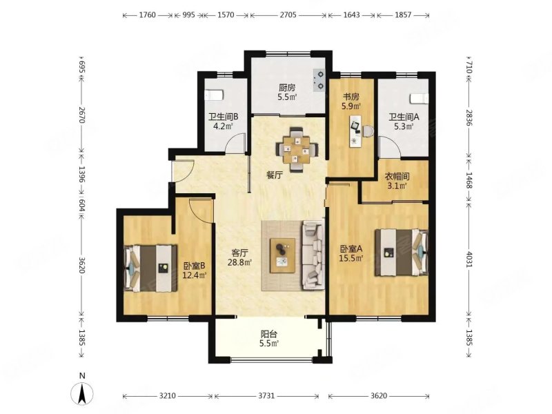 张江汤臣豪园三期3室2厅2卫111.49㎡南北1490万