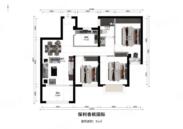 保利香槟国际3室2厅1卫91.11㎡南225万