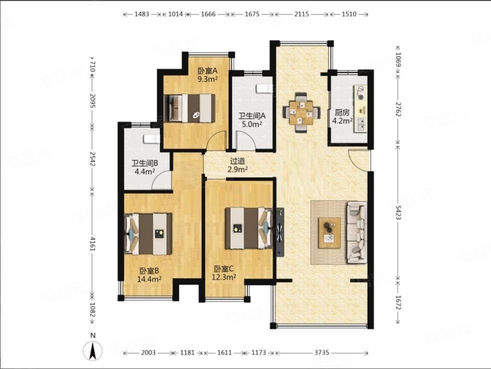 西站瑞都3室2厅2卫114.45㎡南北115万