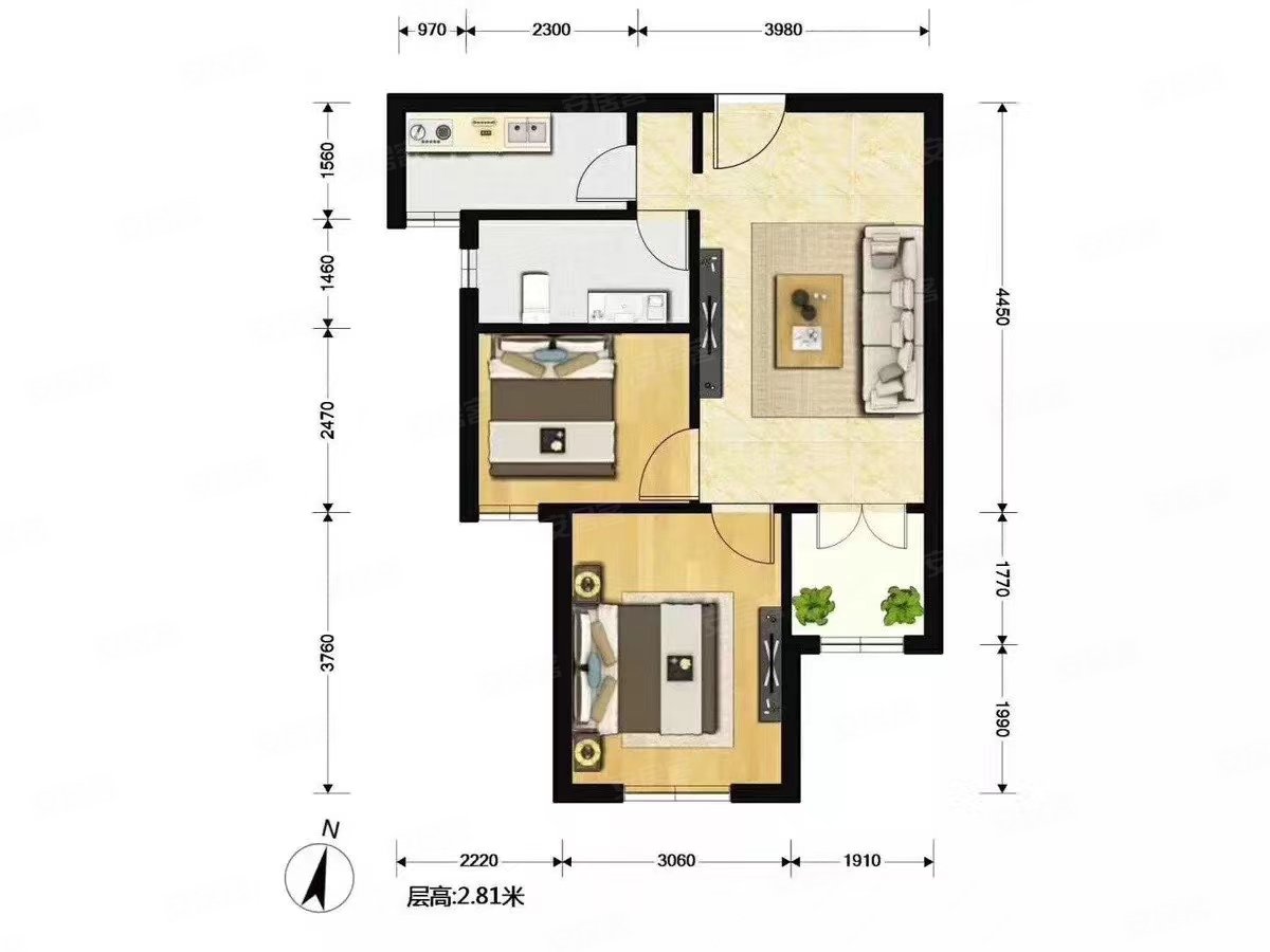新凯城紫竹苑2室1厅1卫67.87㎡南北235万